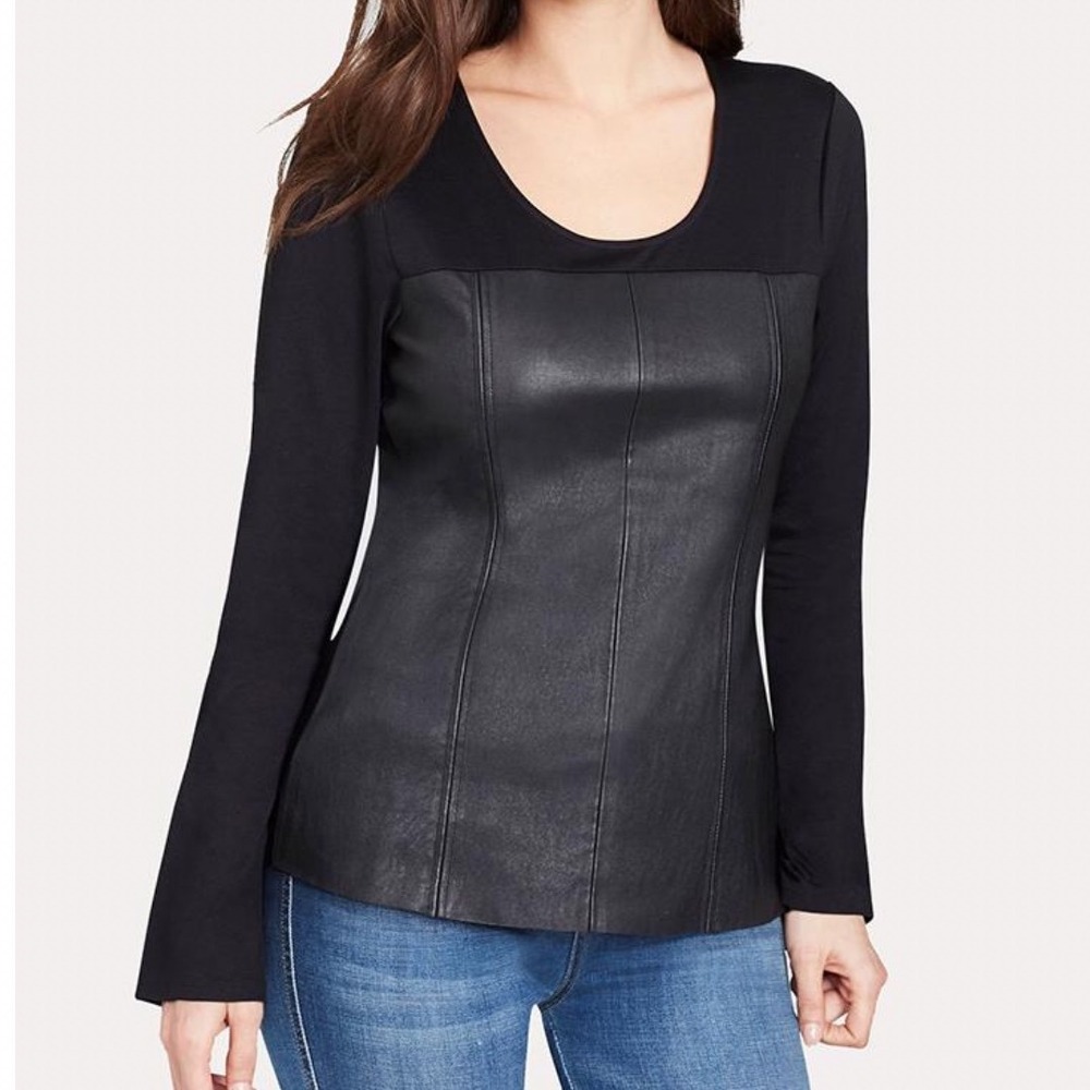 Ecru Bell Sleeve Genuine Leather Front Top Womens XS Black Classy Moto Edgy Chic